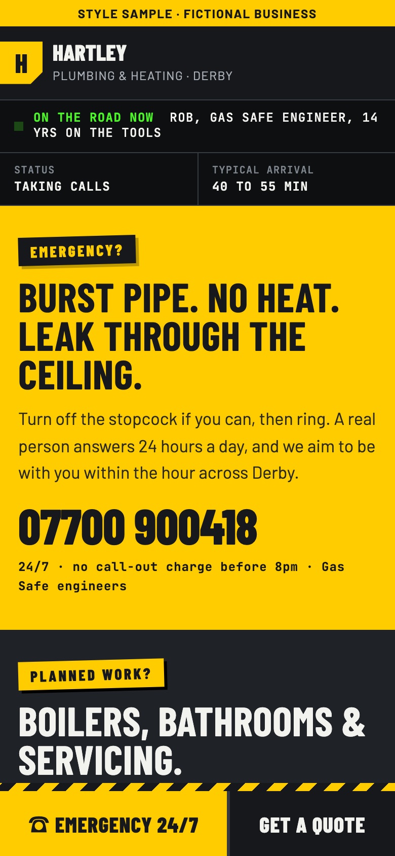 Hartley Plumbing & Heating concept homepage on a phone
