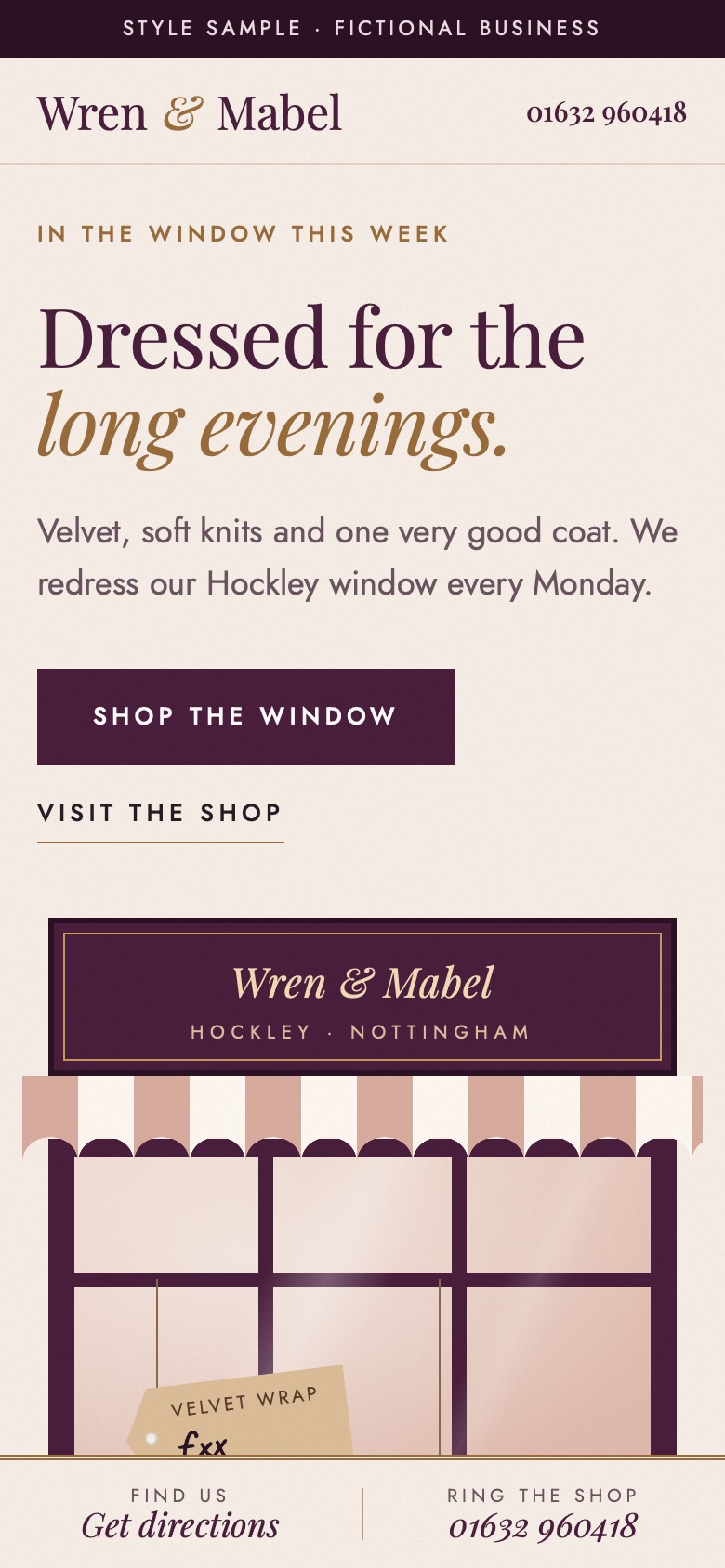 Wren & Mabel concept homepage on a phone