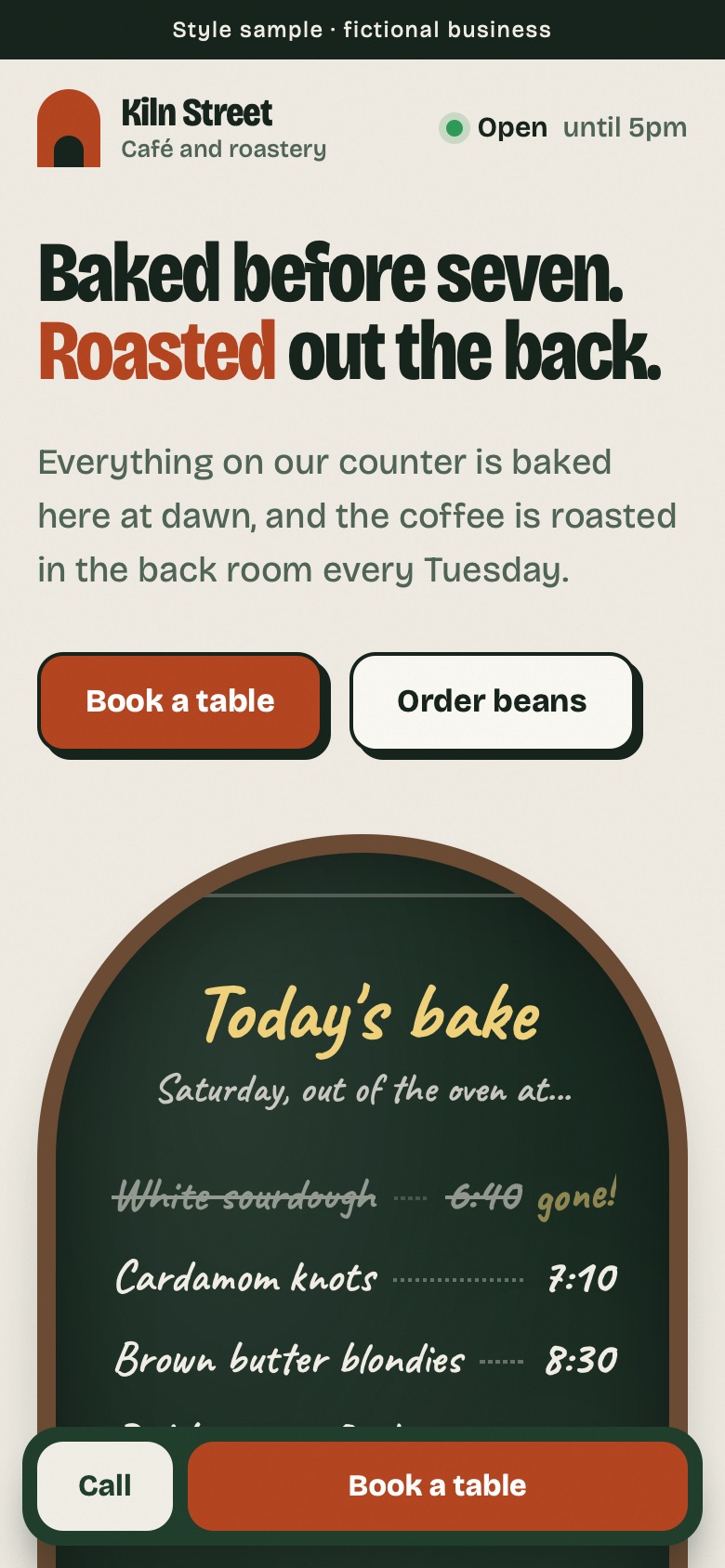 Kiln Street Café concept homepage on a phone