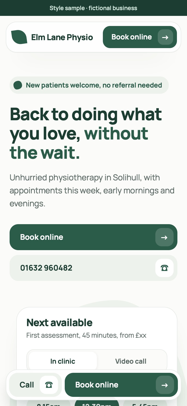 Elm Lane Physio concept homepage on a phone
