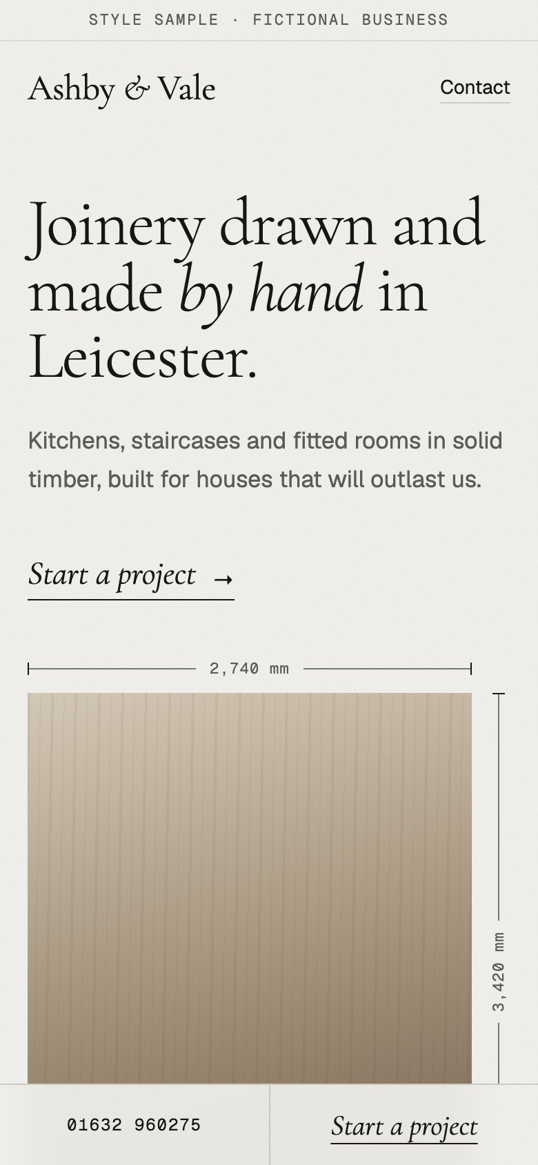 Ashby & Vale Joinery concept homepage on a phone