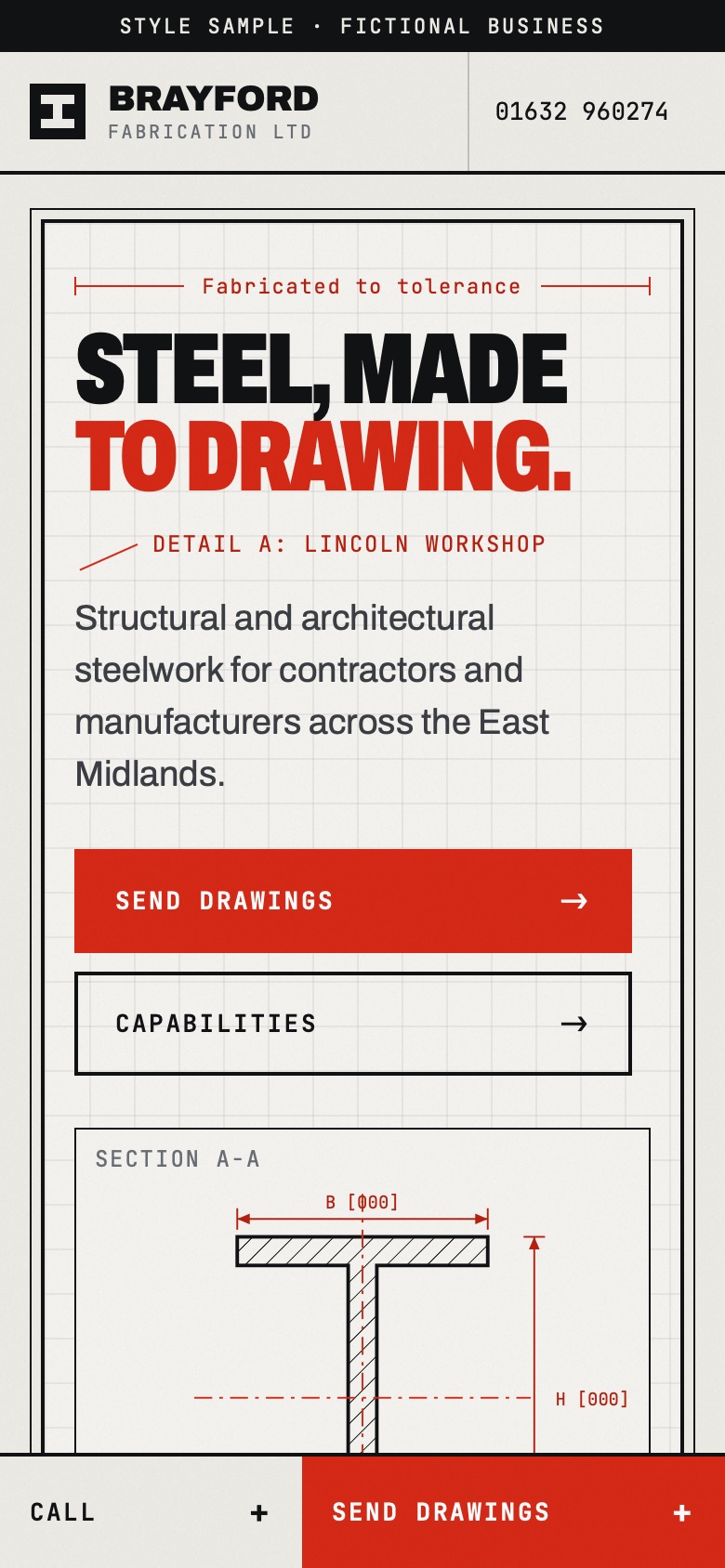 Brayford Fabrication concept homepage on a phone