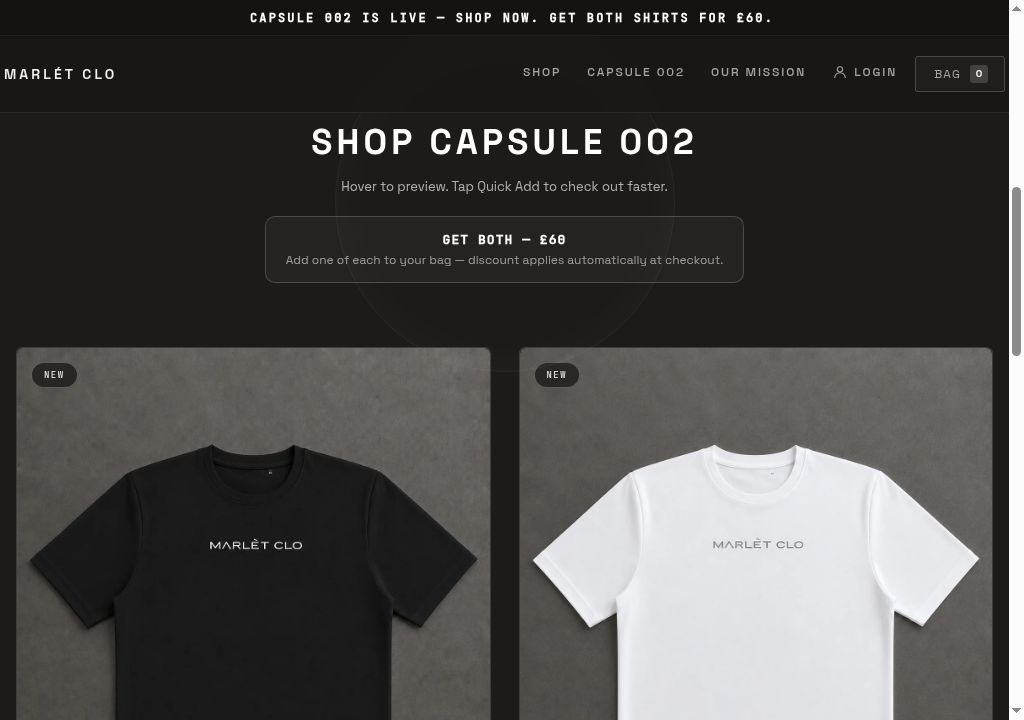 Capsule 002 products on the live Marlét Clo Shopify store