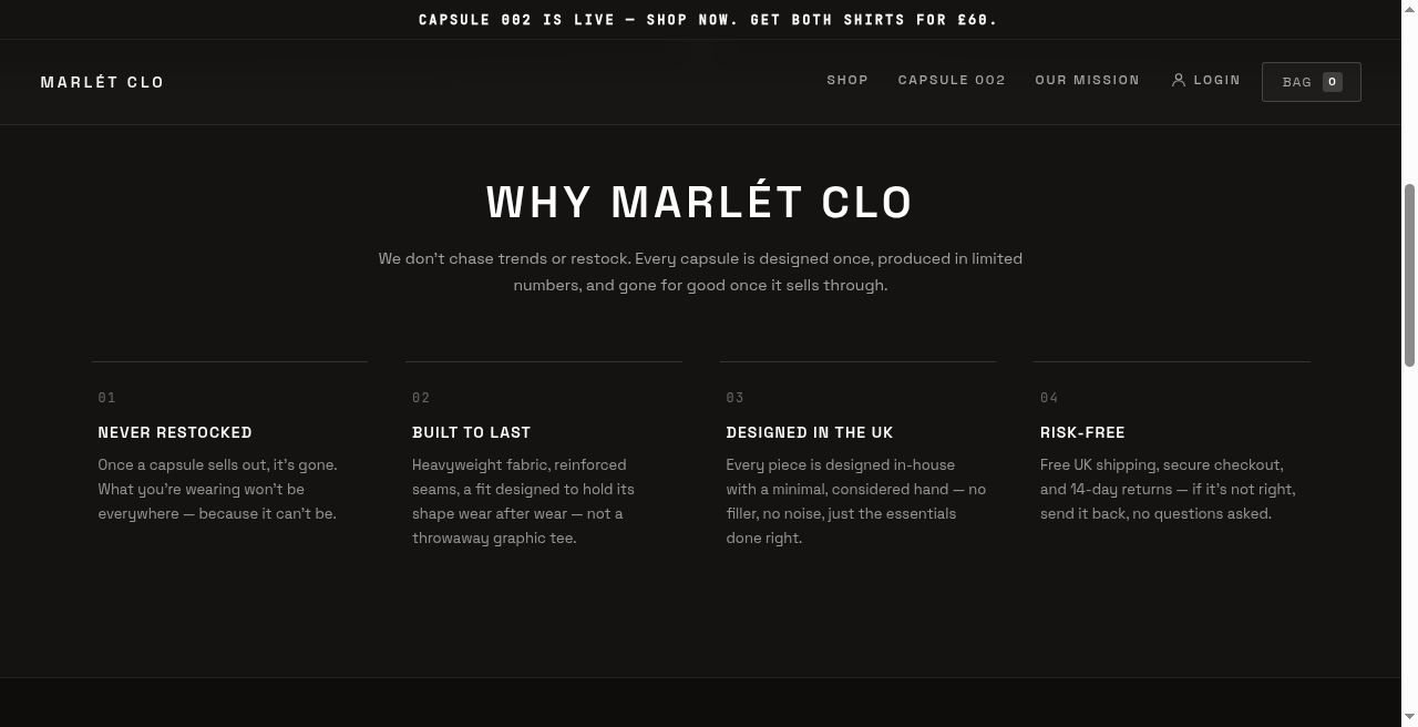 Marlét Clo value props — Never Restocked, Built To Last, Designed In The UK